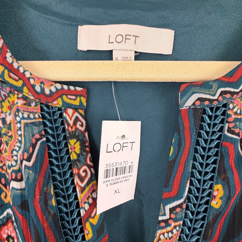 LOFT Midi Dress XL Teal Medallion Print Ruffle Split Neck Long Sleeve NEW - Picture 3 of 16
